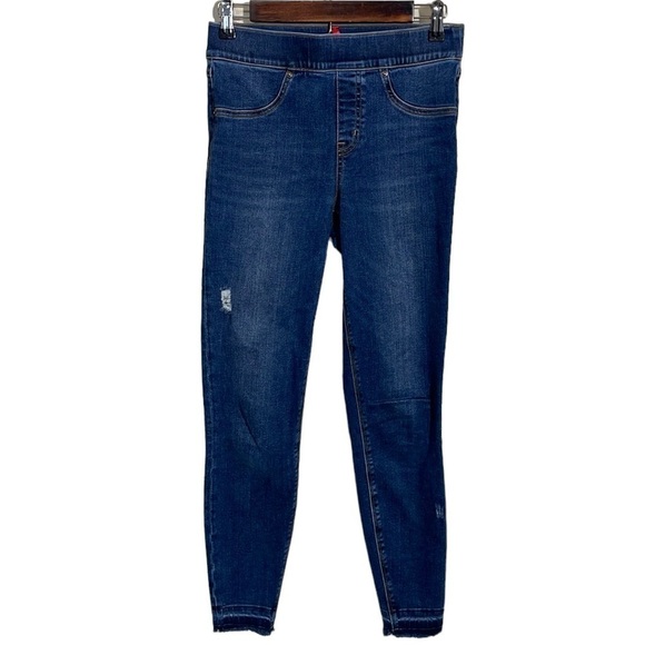 Spanx Jeans Pants Legging Skinny Raw Hem Blue Denim Preppy Stretch Distressed - Picture 2 of 9